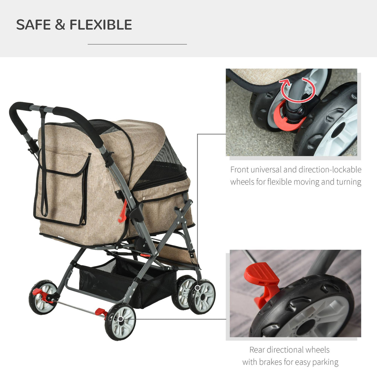 Foldable Pet Stroller with Reversible Handle Basket Storage Bag 3-Stage Canopy Zippered Mesh F5696