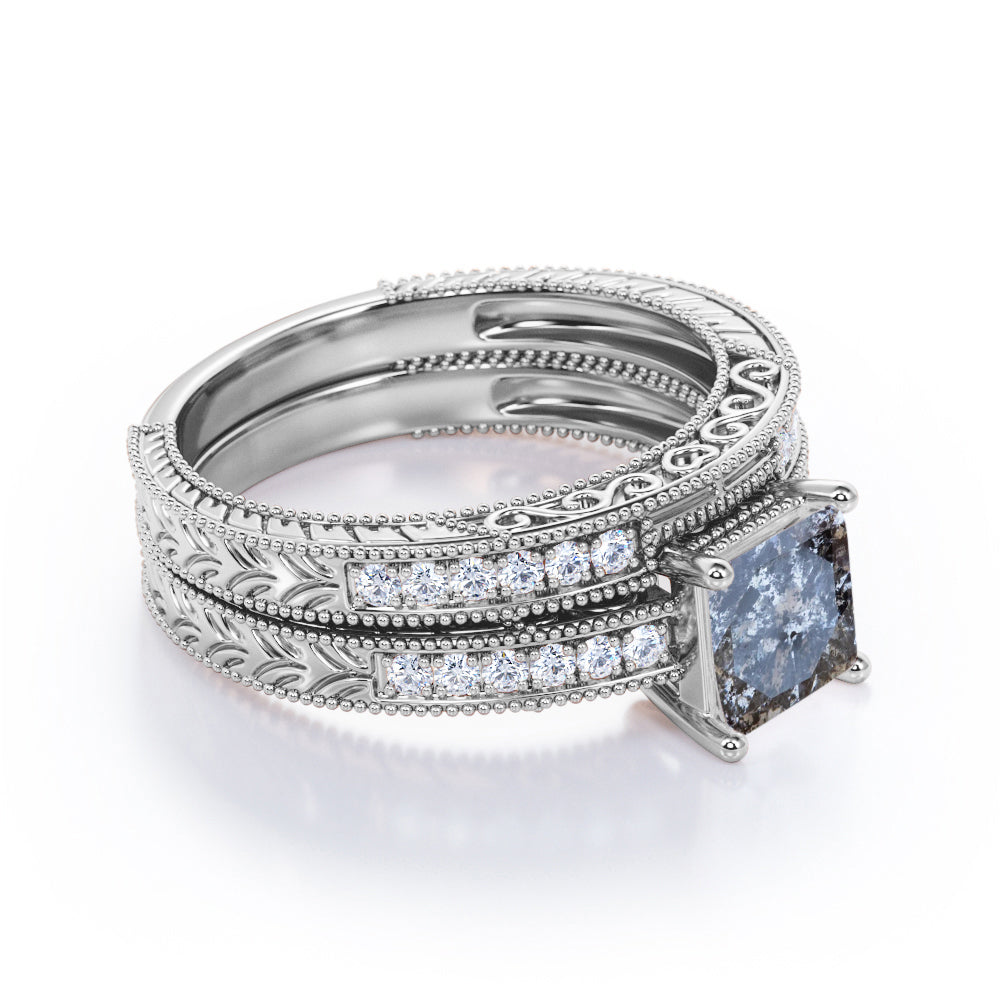 1 Carat Princess Cut Gray Salt and Pepper Diamond Bridal Set in 18K White Gold Plating over Silver D8461