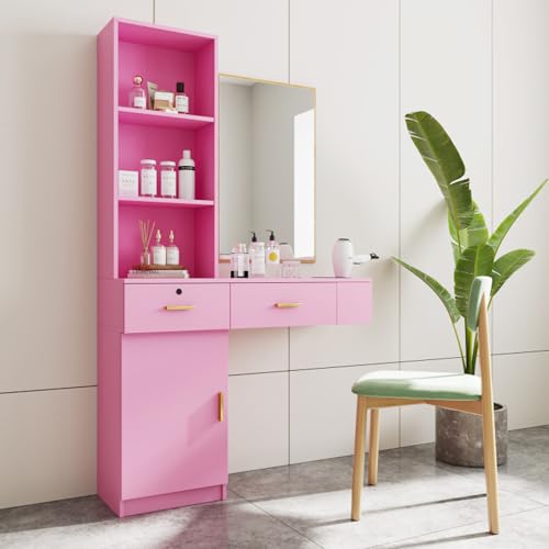 Pink Wood Computer Desk with Drawers Shelves Dresser Desk K1698