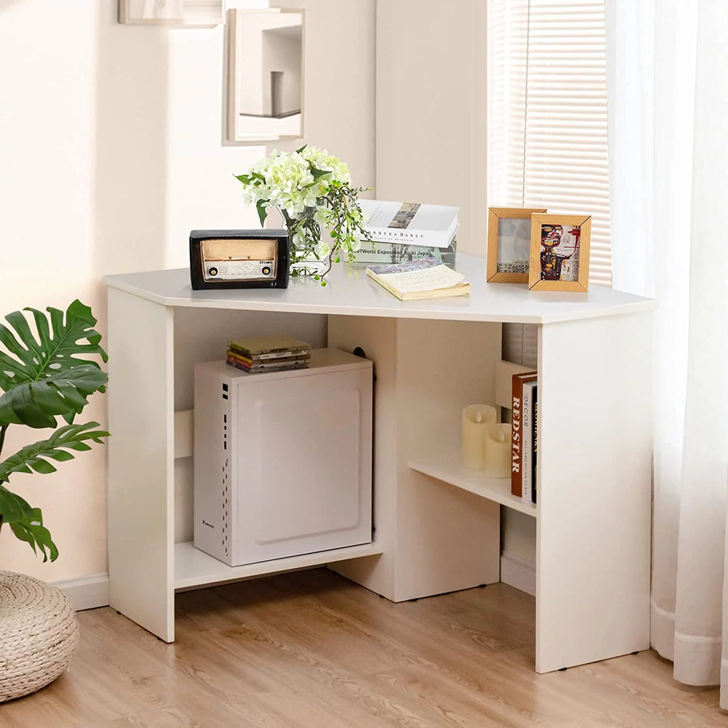 White Corner Computer Desk with 2 Storage Shelves F92342