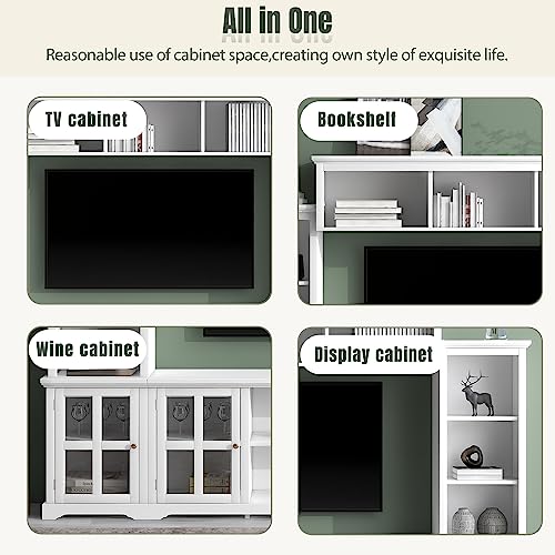 Black TV Console Table with Bookshelves and Tempered Glass Door K826