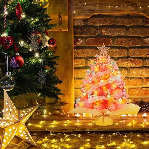 20" Pink Artificial Christmas Tree with Lights and Star Treetop U25457