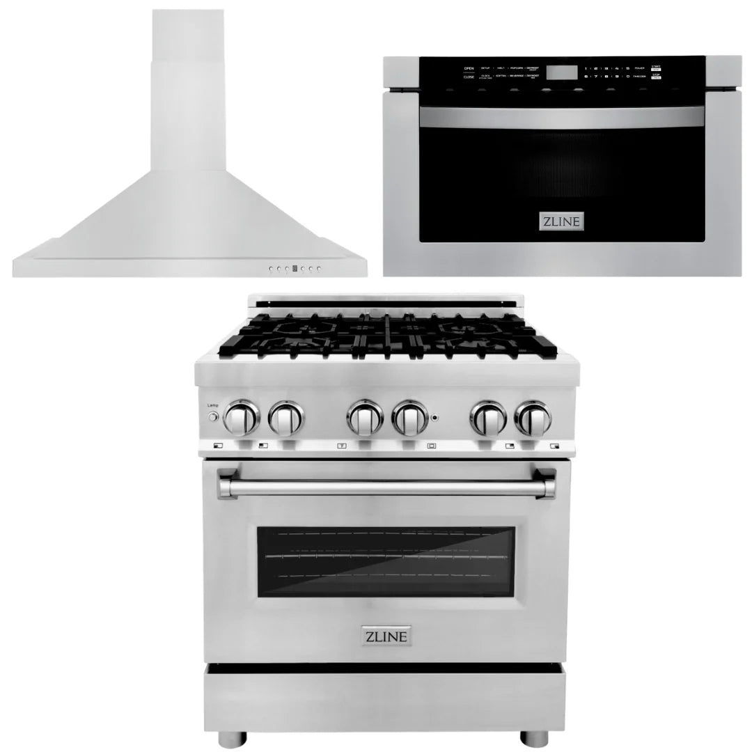 30 in. Dual Fuel Range, Range Hood, Microwave Drawer R389