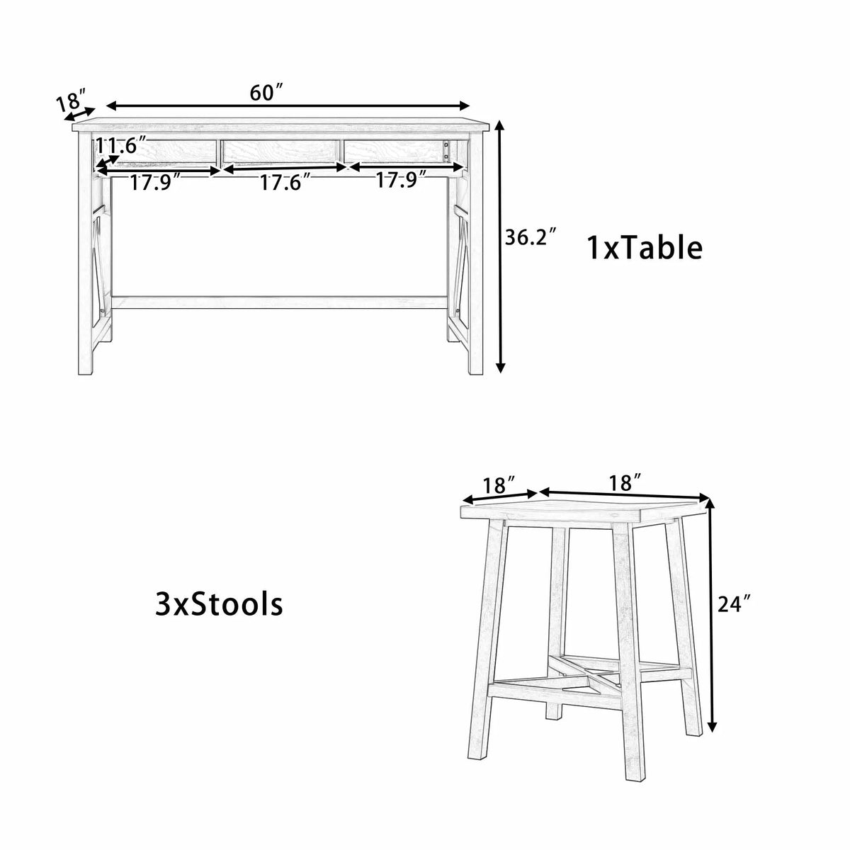 60" 4-Piece Counter Height Dining Table Set with 3 Stools C6935