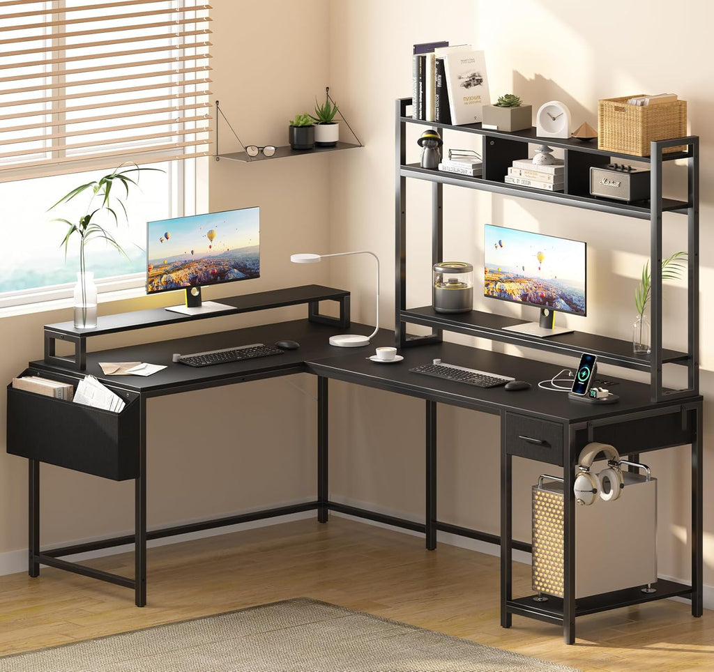 L Shaped Gaming Computer Desk with Monitor Shelf, Power Outlets & LED Lights R26523