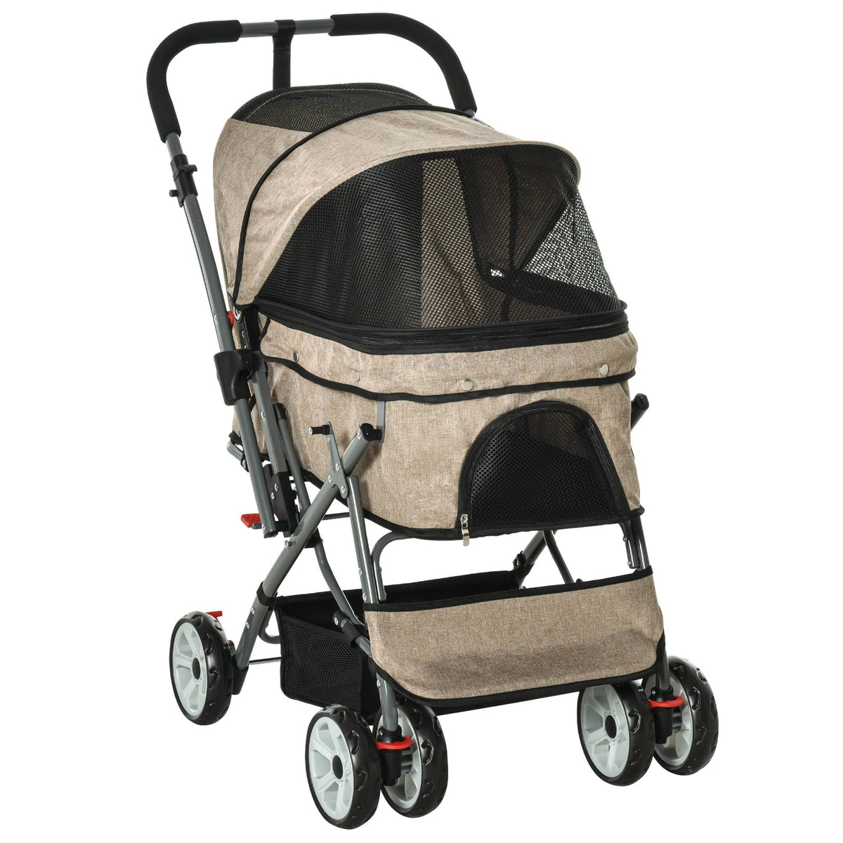 Foldable Pet Stroller with Reversible Handle Basket Storage Bag 3-Stage Canopy Zippered Mesh F5696