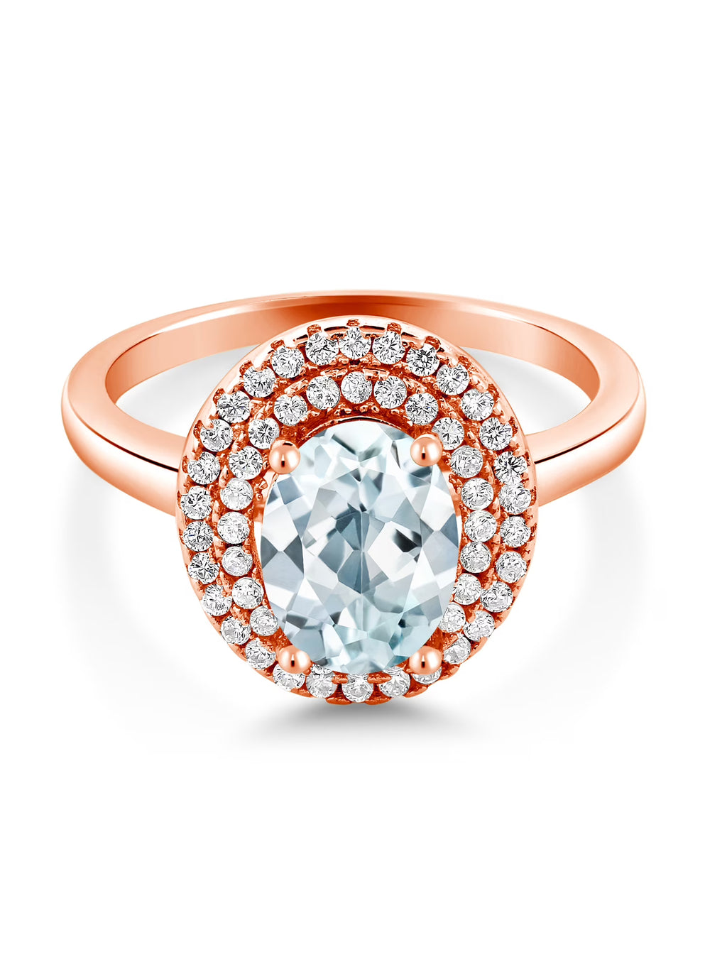 18K Rose Gold Plated Silver Oval Sky Blue Aquamarine Halo Engagement Ring H93864