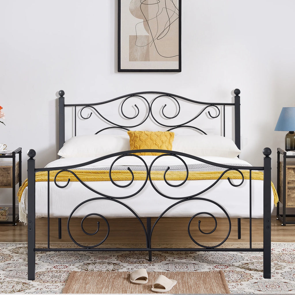 Metal Platform Bed Frame with Victorian Headboard and Footboard, Full Size, Black M718