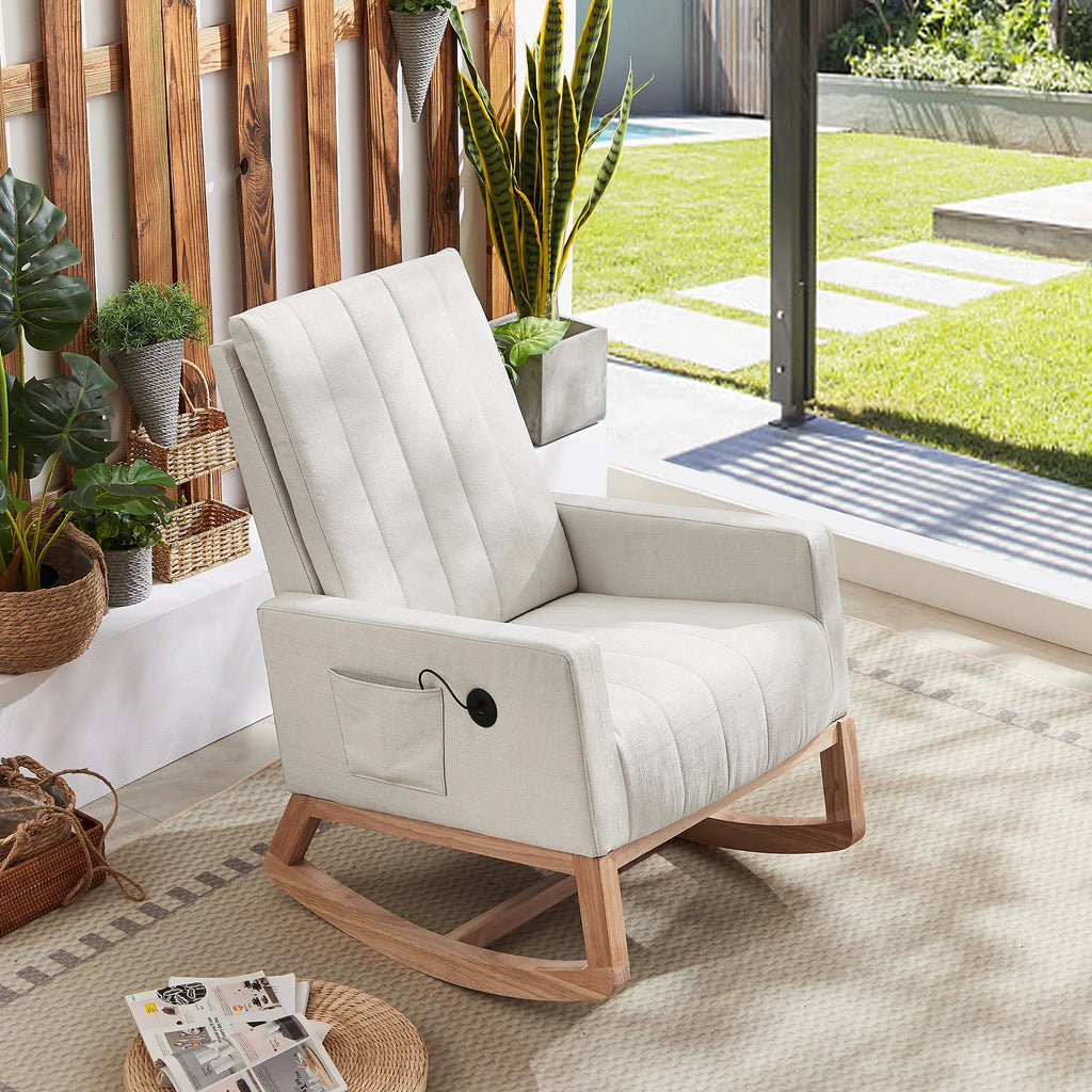 Mid-Century Rocking Nursery Chair with USB Ports and Storage Pockets Y4795