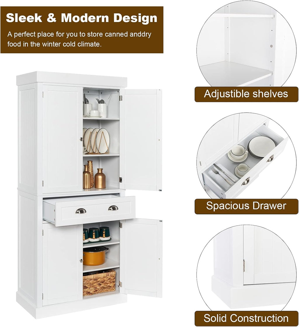 White 72" Tall Wood Pantry Cabinet with Doors and Shelves H6459