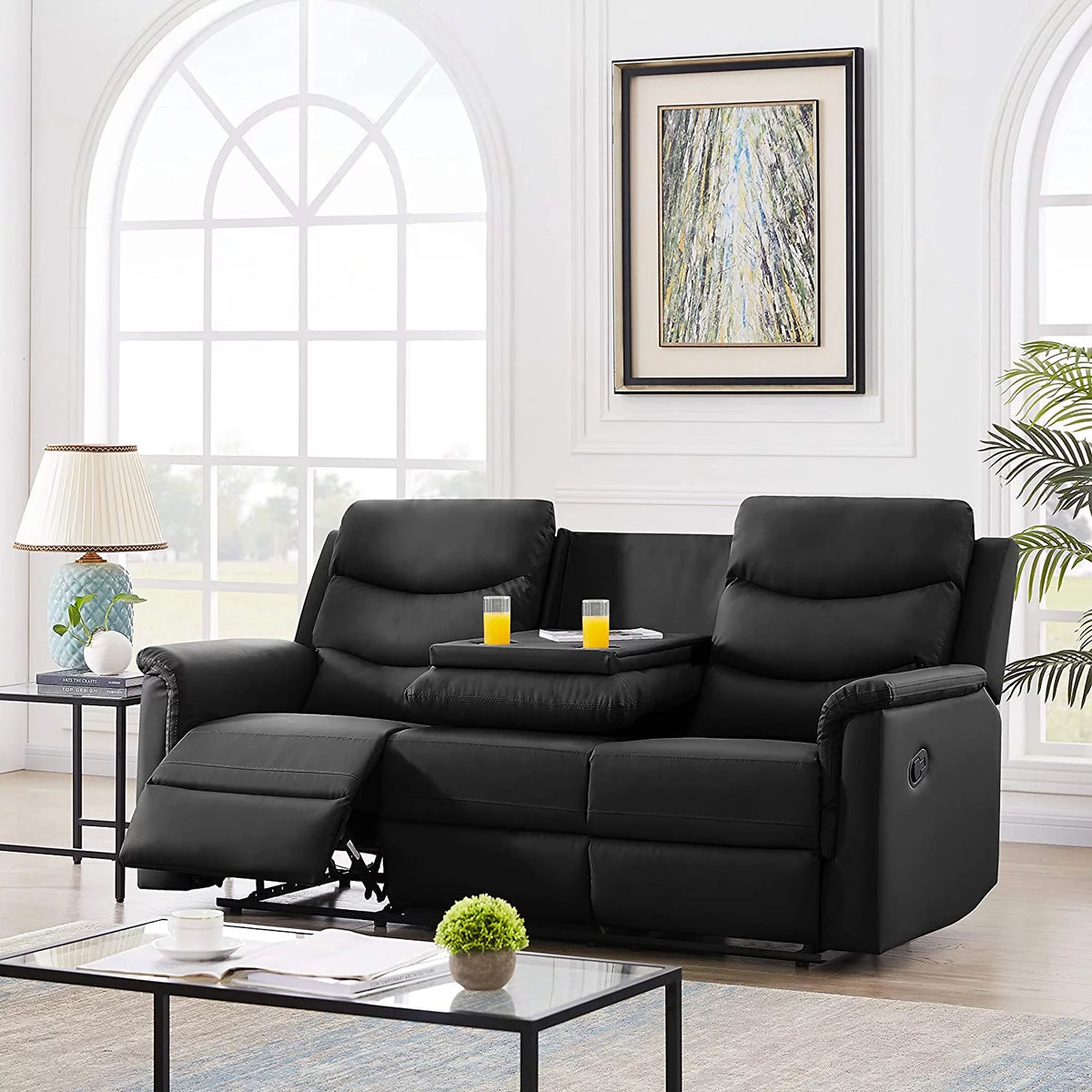Black 3-Seater PU Recliner Sofa with 2 Cup Holders I8315