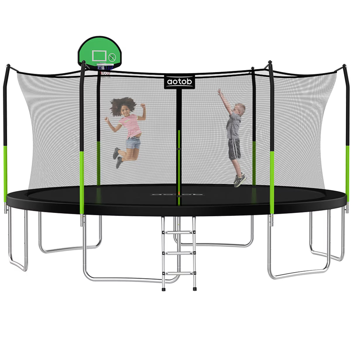 14FT Outdoor Trampoline with Basketball Hoop, Safety Enclosure Net and Ladder K3957