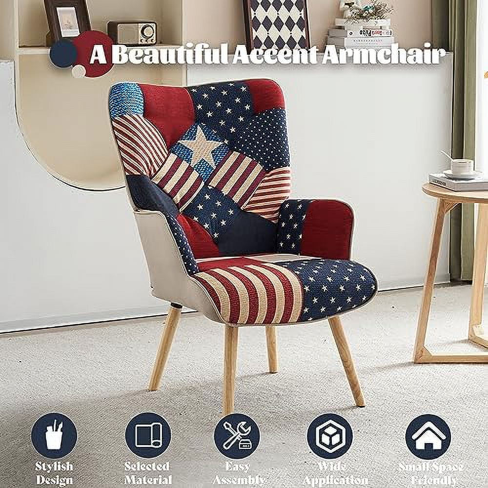 Grey Plaid Upholstered Accent Chair with Wooden Base N573