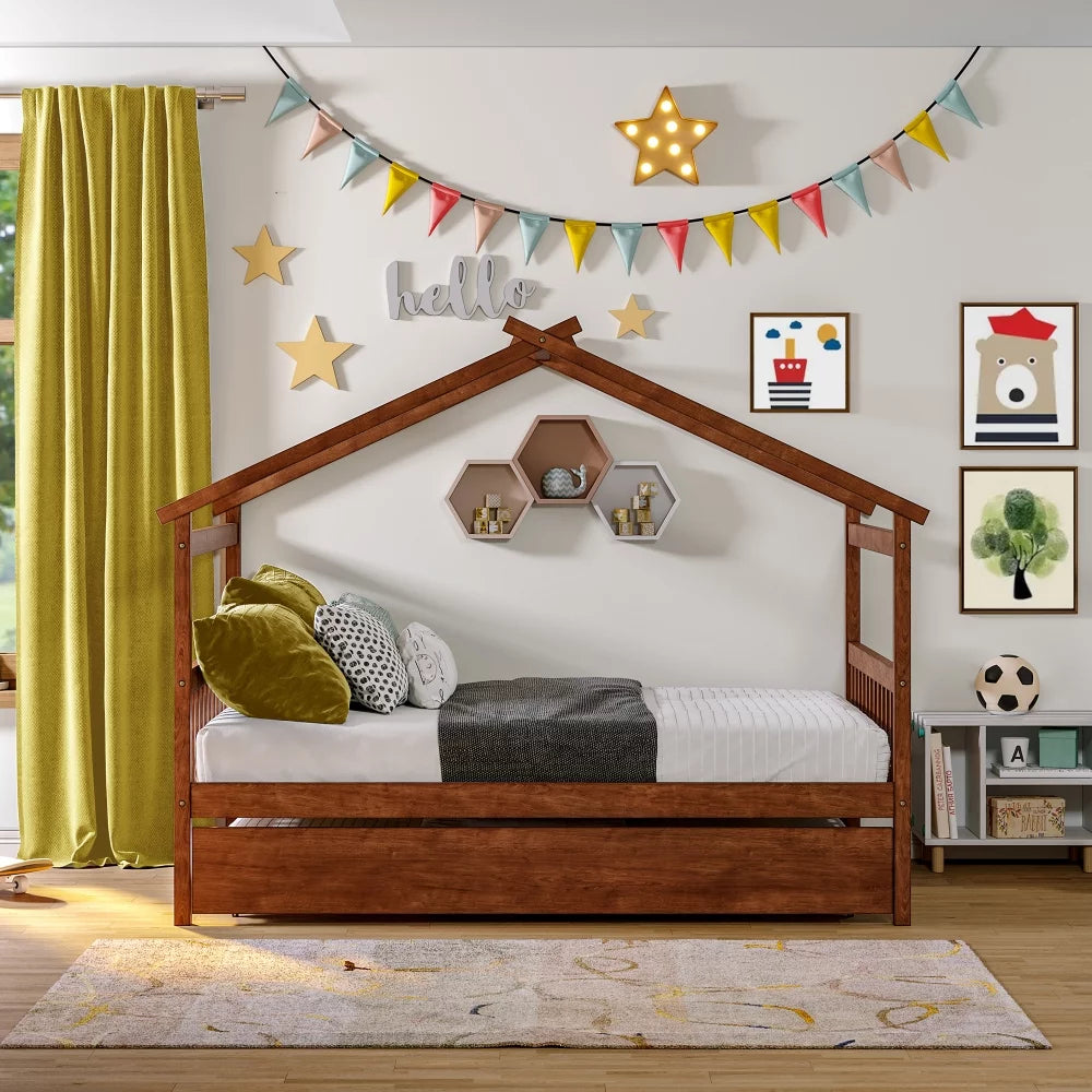 White Twin Size Solid Wood House Bed with Trundle B86321