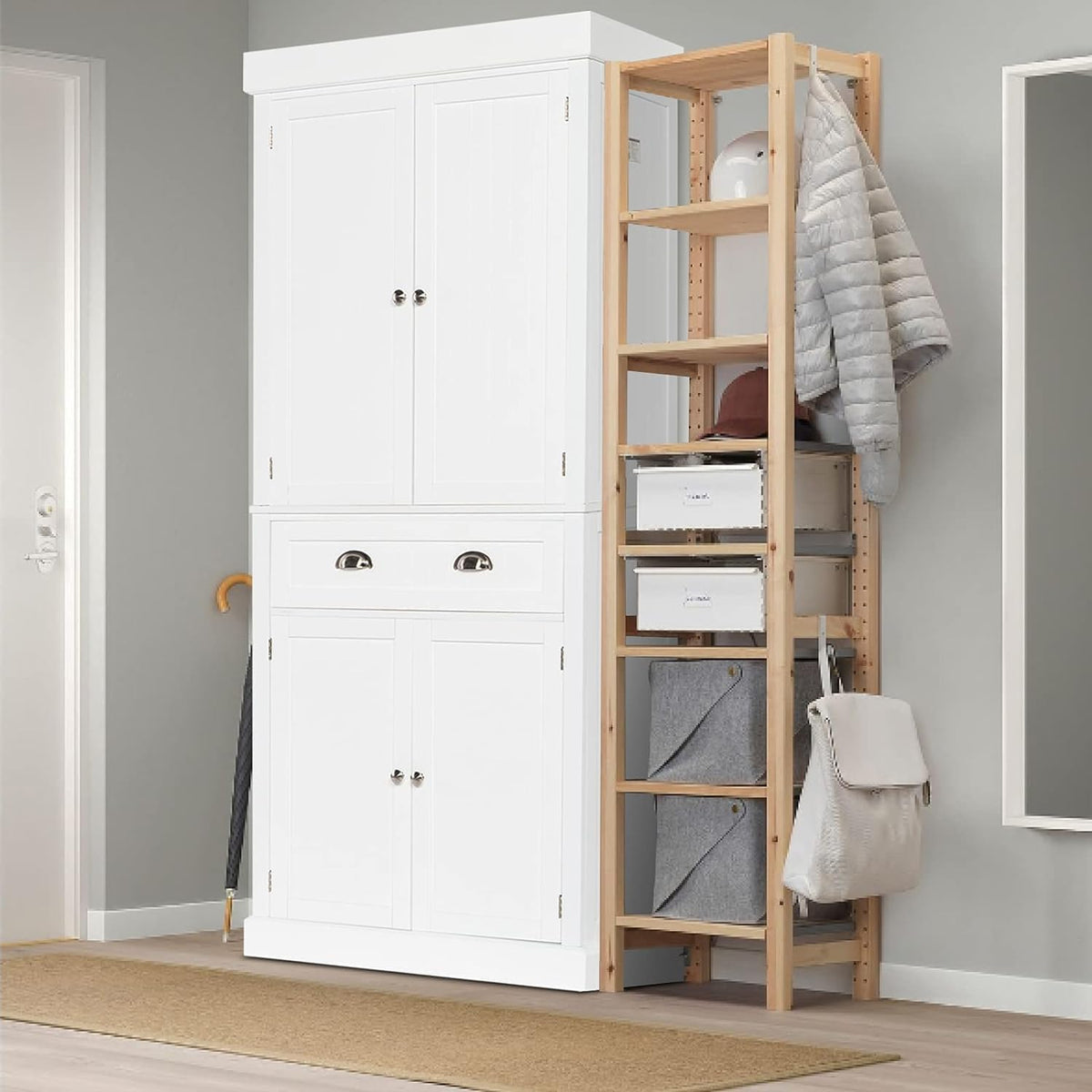 White 72" Tall Wood Pantry Cabinet with Doors and Shelves H6459