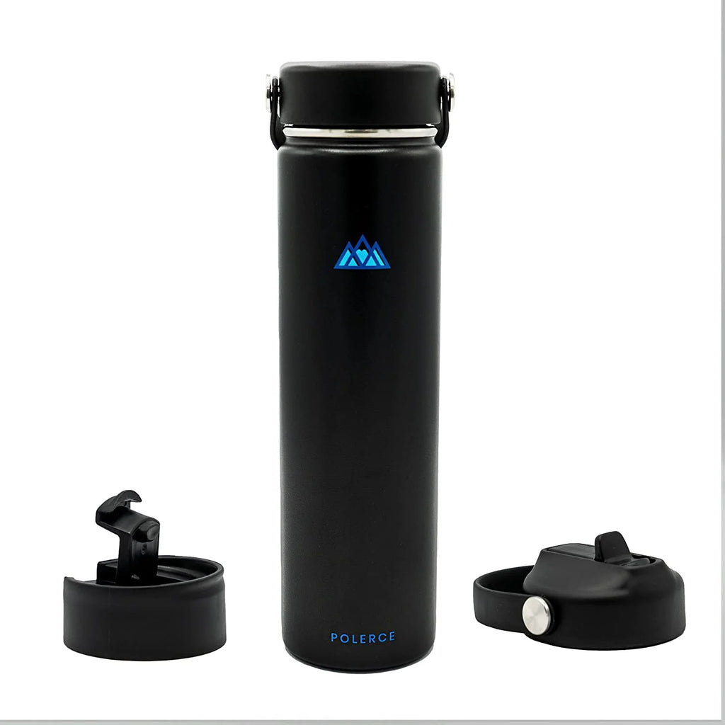 24 Oz Black Stainless Steel Vacuum Insulated Bottle with 3 Lids X820583