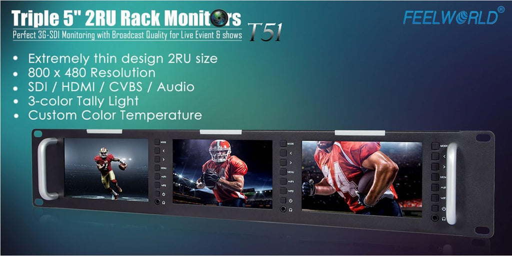 Triple 5 Inch 800x480 Pixel Rack Mount LCD Monitor with 3G-SDI, HDMI, AV Input and Output with Microfiber Cloth I6067