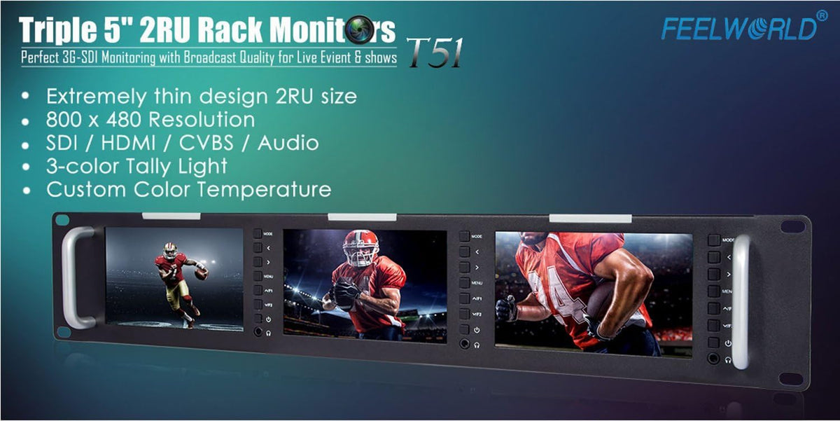 Triple 5 Inch 800x480 Pixel Rack Mount LCD Monitor with 3G-SDI, HDMI, AV Input and Output with Microfiber Cloth I6067