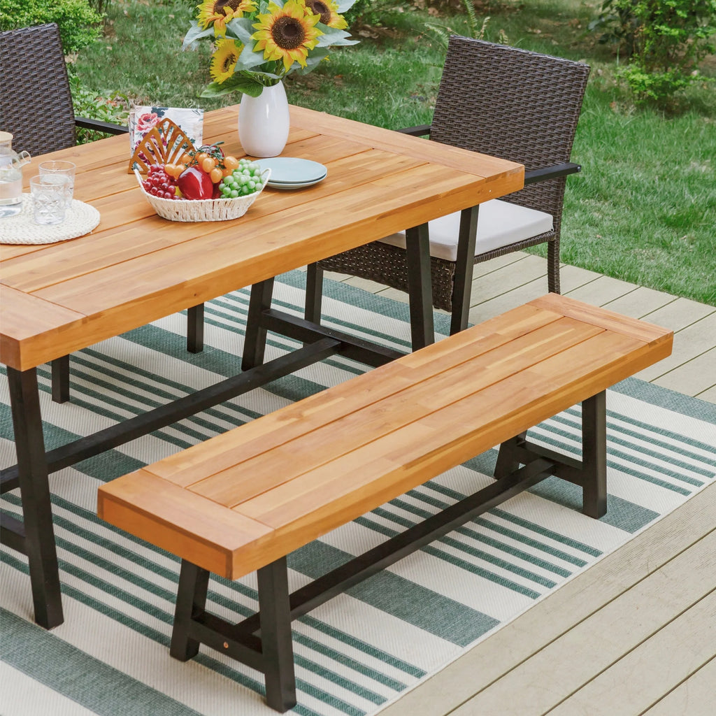 6-Piece Outdoor Dining Set with Acacia Wood Table, Bench and Wicker Chairs with Cushions C7012