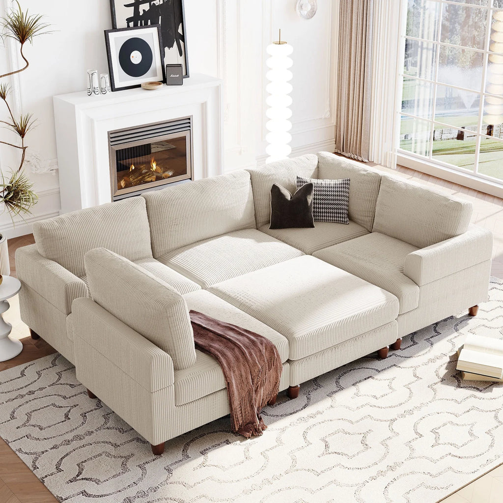 Beige Corduroy Modular Sectional Sofa with Chaise V47411