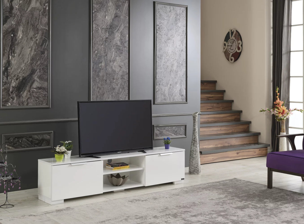 White Mid Century Tv Stand with Shelf L1815