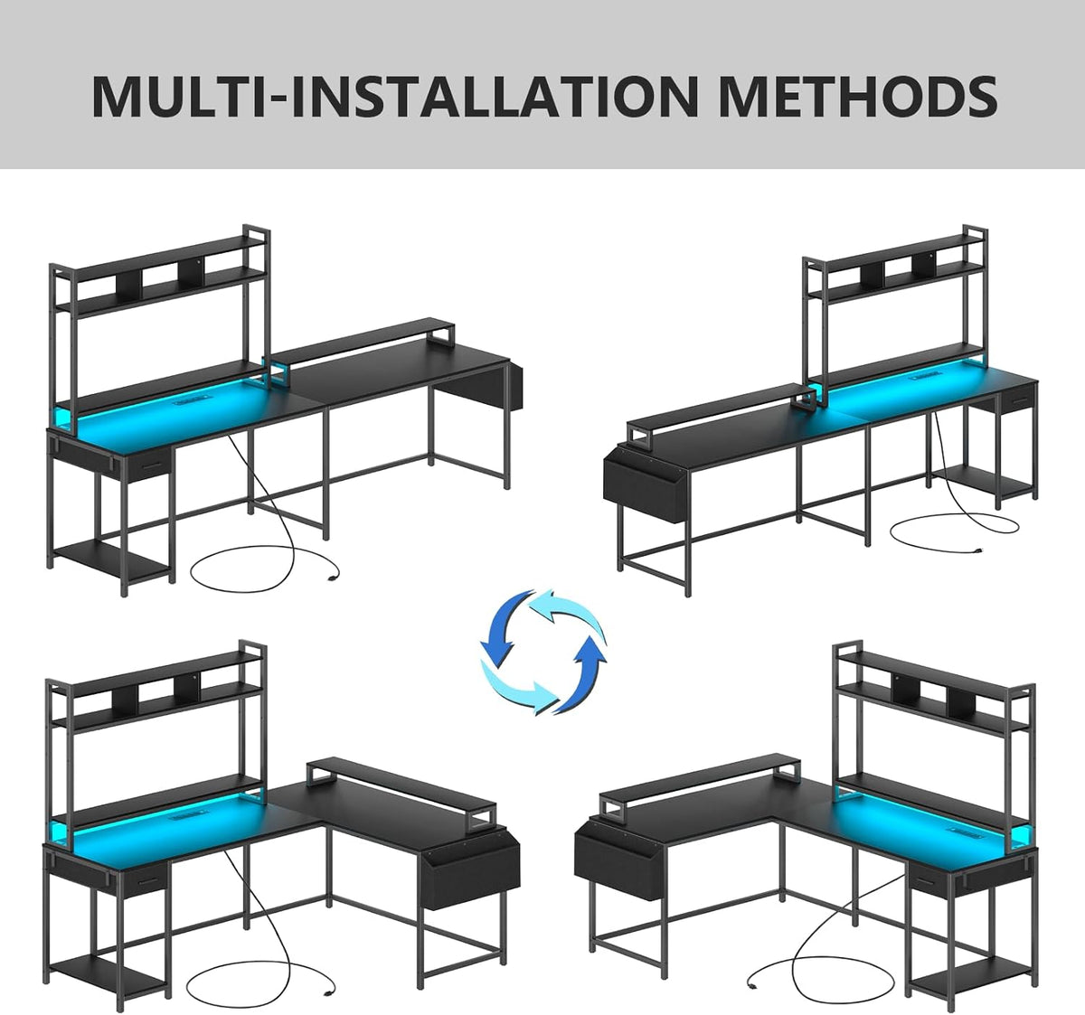 L Shaped Gaming Computer Desk with Monitor Shelf, Power Outlets & LED Lights R26523