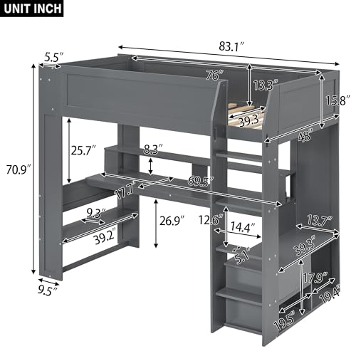 Dark Gray Wood Twin Size Gaming Loft Bed with Desk and Shelves Q7850