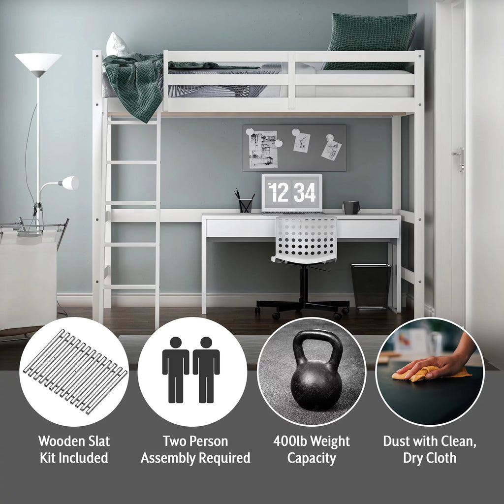White Wood Full Loft Bunk Bed with Ladder M639
