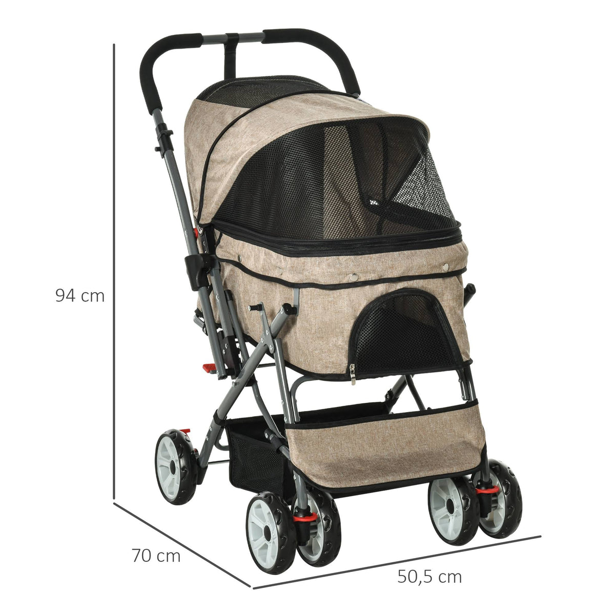 Foldable Pet Stroller with Reversible Handle Basket Storage Bag 3-Stage Canopy Zippered Mesh F5696