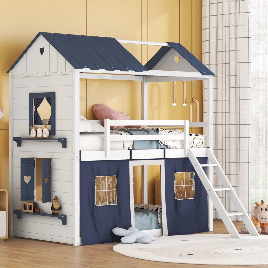 Twin Size Bunk Wood House Bed with Tent K322075