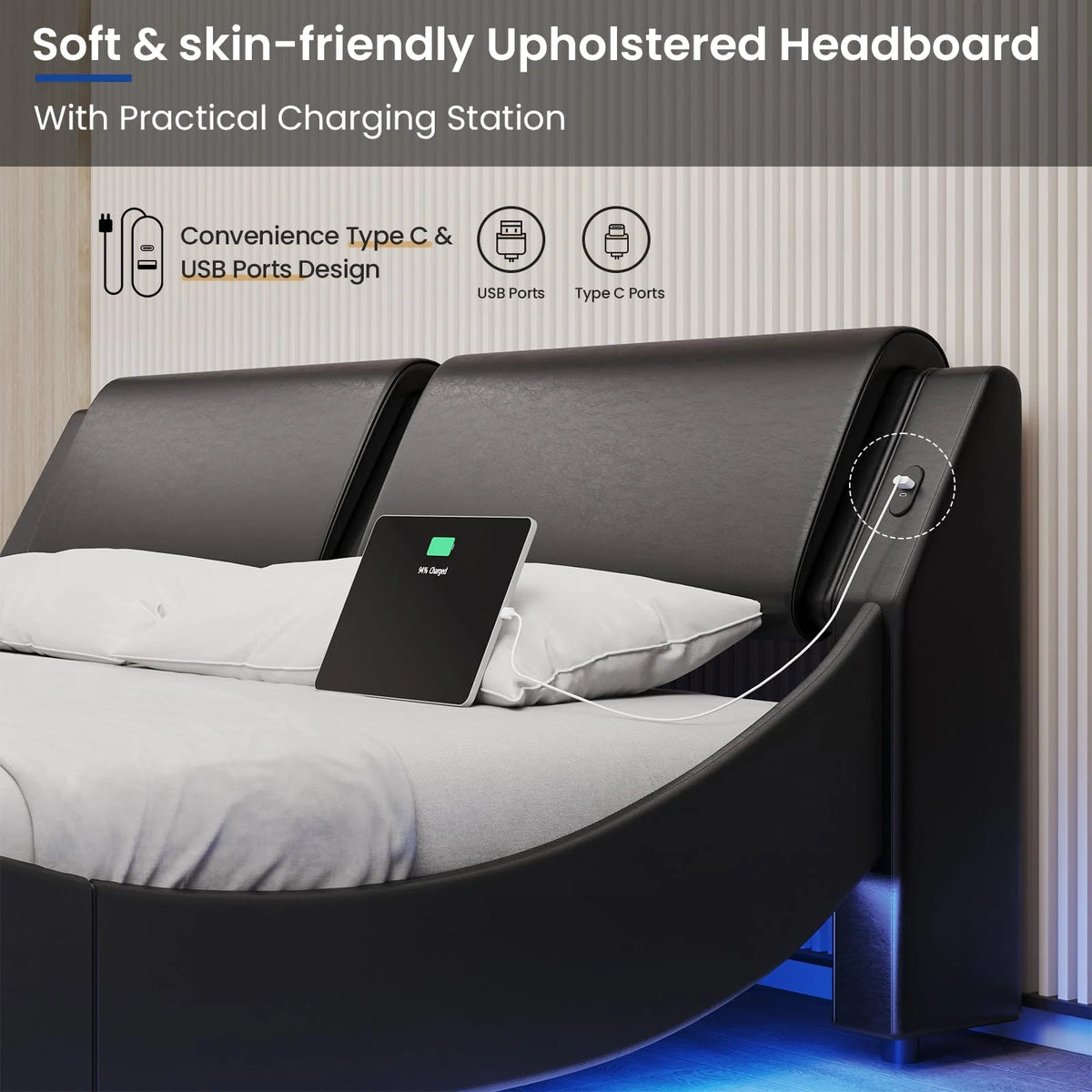 Queen Upholstered Led Bed Frame Faux PU Leather Black White T65042