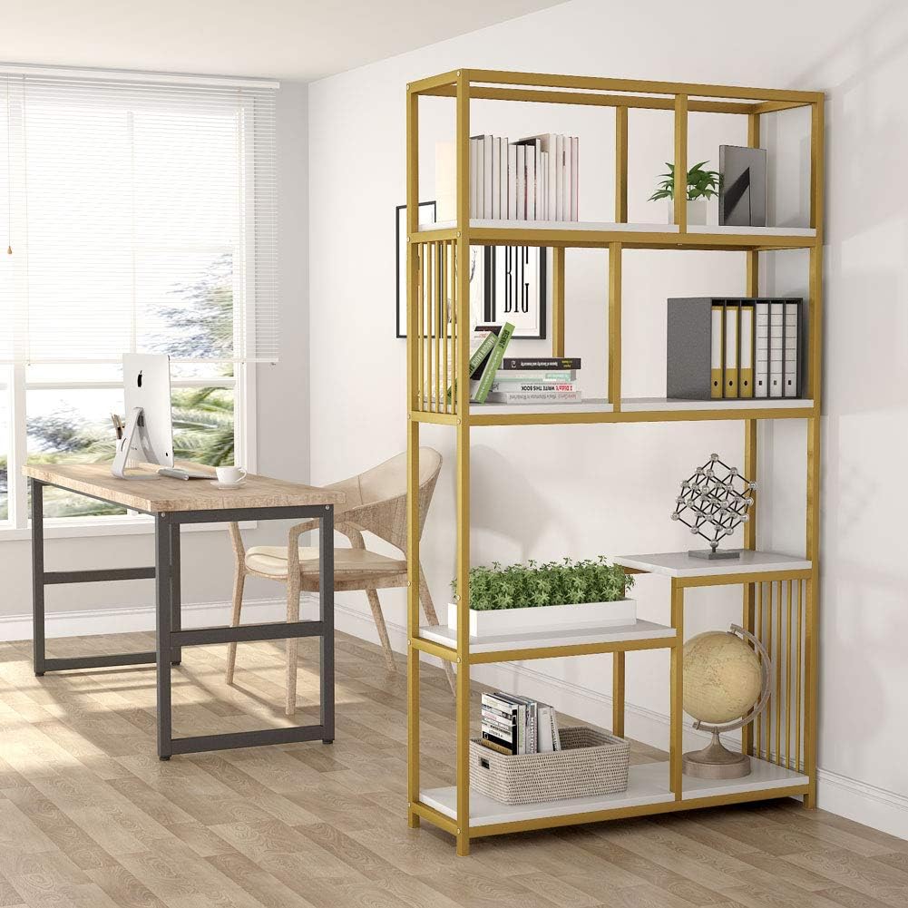 7-Open Shelf Etagere Bookcase with Gold Metal Frame E1497