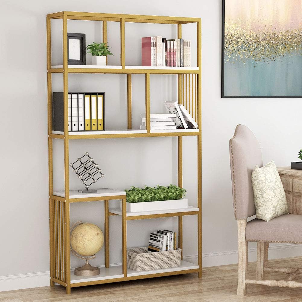 7-Open Shelf Etagere Bookcase with Gold Metal Frame E1497