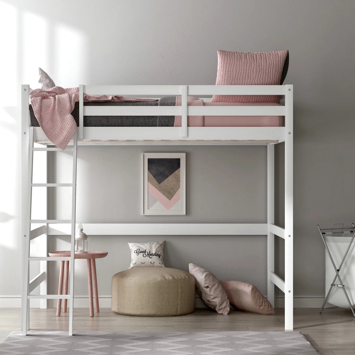 White Wood Full Loft Bunk Bed with Ladder M639