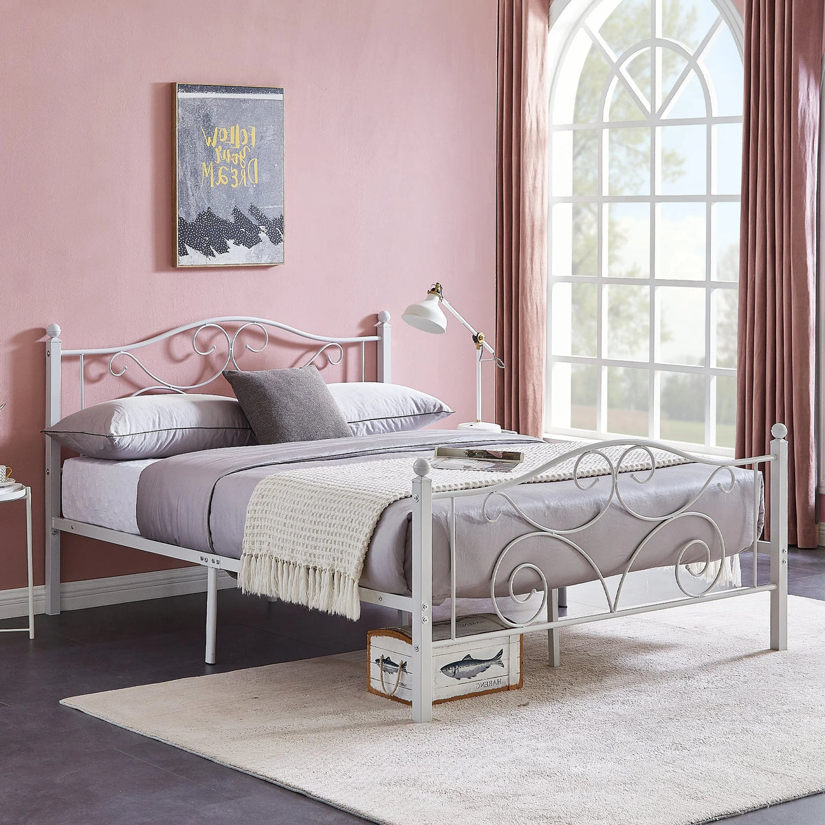 Metal Platform Bed Frame with Victorian Headboard and Footboard, Full Size, Black M718
