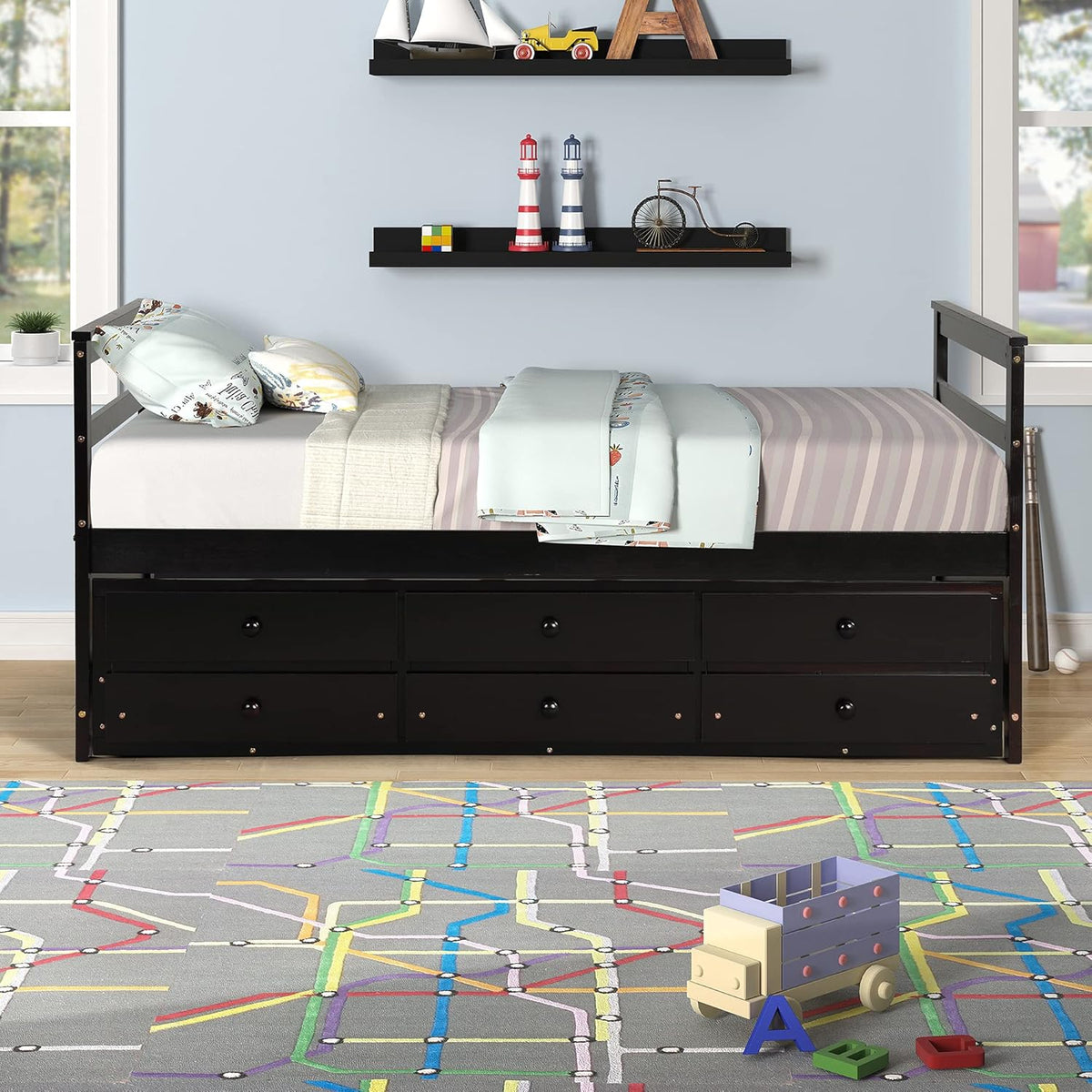 Twin Wood Platform Daybed Frame with Trundle and 3 Storage Drawers O85522