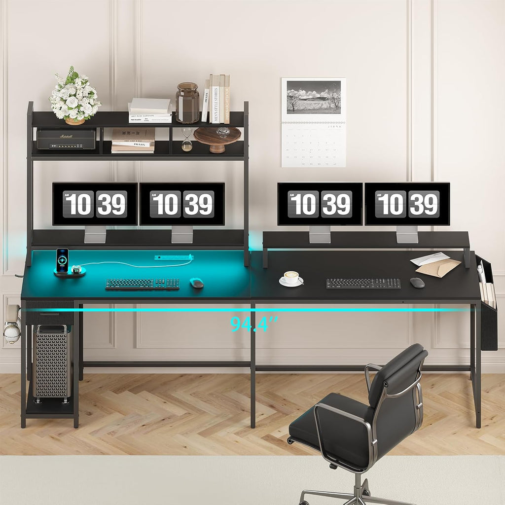 L Shaped Gaming Computer Desk with Monitor Shelf, Power Outlets & LED Lights R26523