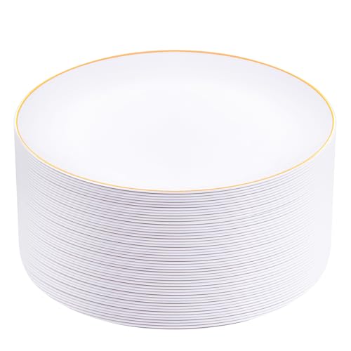 50 Pcs Gold Rim White Plastic Dinner Plates Y8231