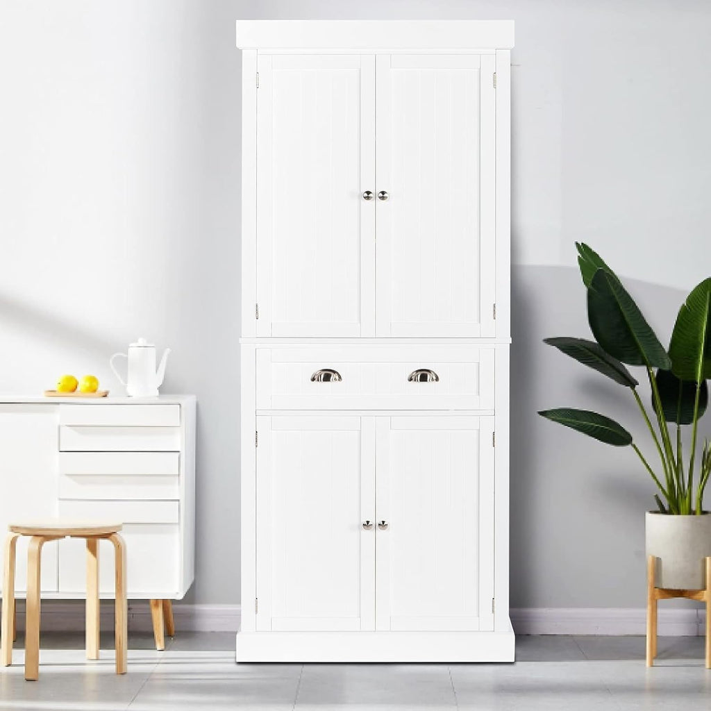 White 72" Tall Wood Pantry Cabinet with Doors and Shelves H6459