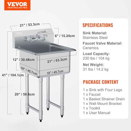 Stainless Steel 1 Compartment Free Standing Small Sink with Faucet & Legs, 21"x18" Single Bowl Sink X6048