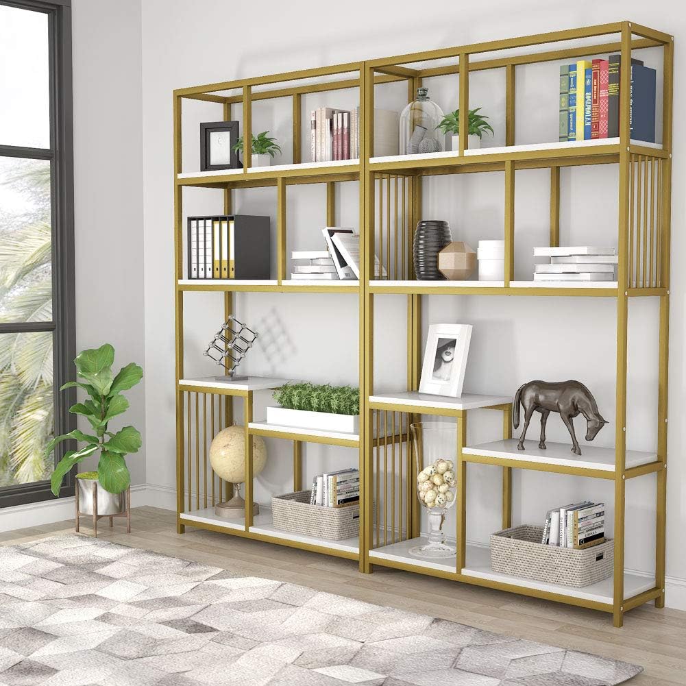 7-Open Shelf Etagere Bookcase with Gold Metal Frame E1497