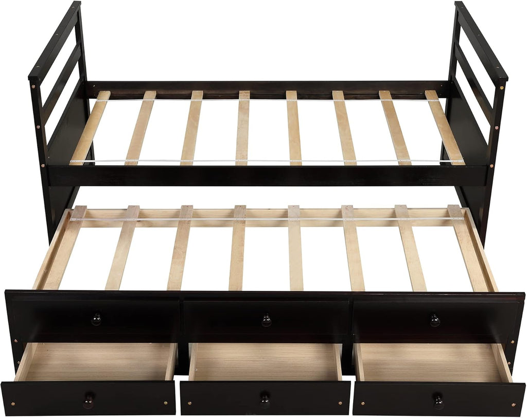 Twin Wood Platform Daybed Frame with Trundle and 3 Storage Drawers O85522