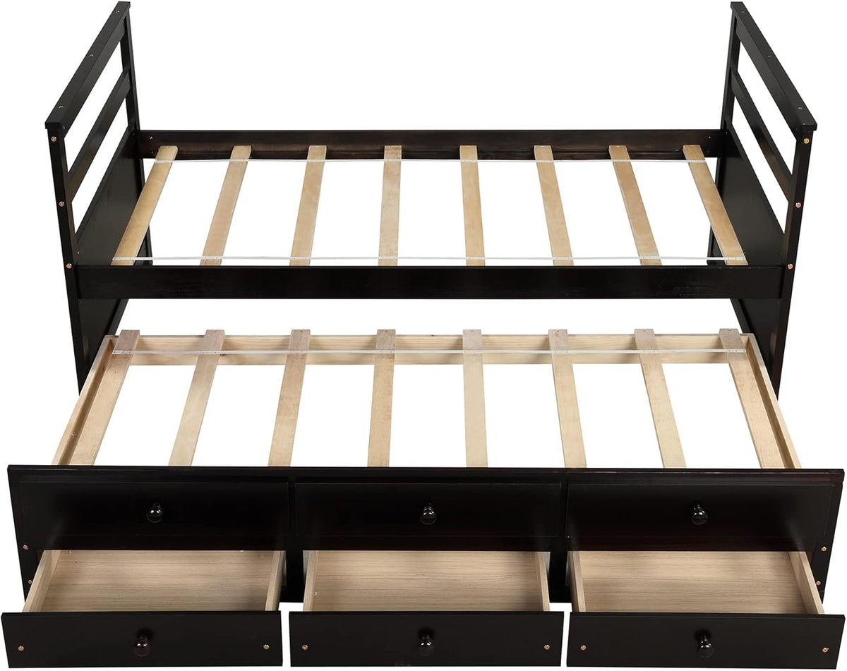 Twin Wood Platform Daybed Frame with Trundle and 3 Storage Drawers O85522