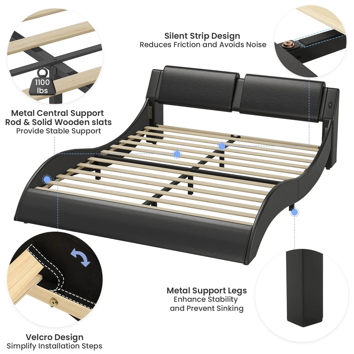 Queen Upholstered Led Bed Frame Faux PU Leather Black White T65042