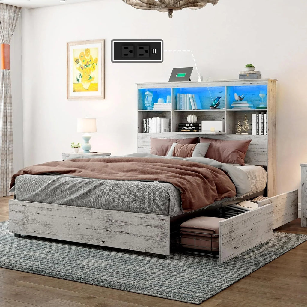 Queen Size Wood Storage Bed with 4 Drawers J568