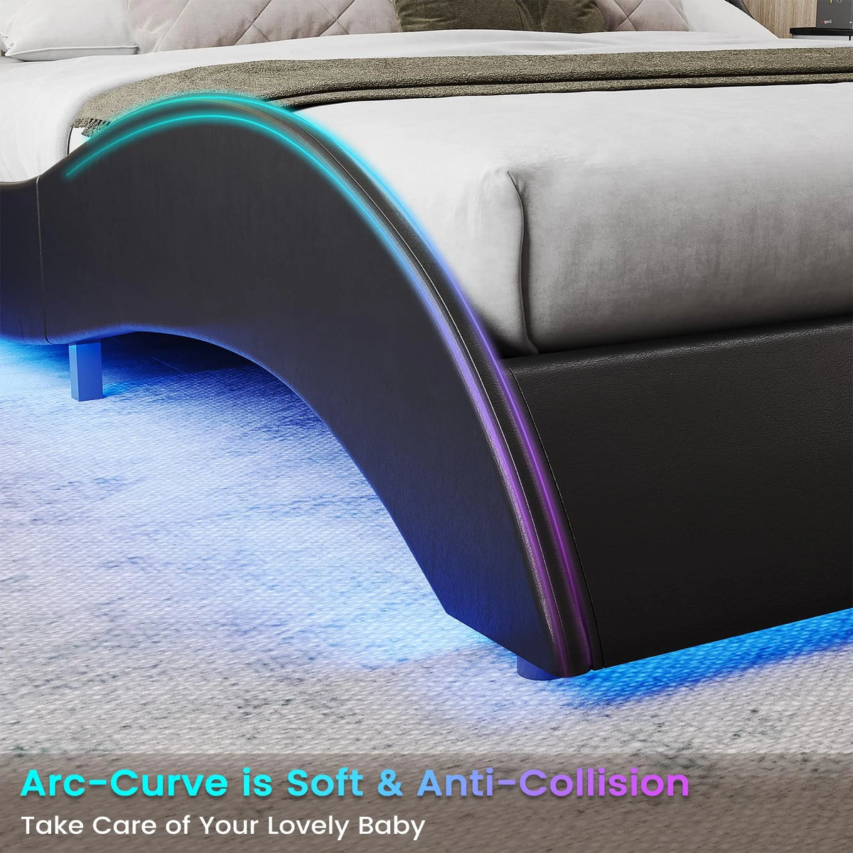 Queen Upholstered Led Bed Frame Faux PU Leather Black White T65042