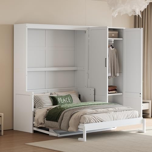 Queen Size Gray Murphy Bed Wall Bed with Desk and Closet Drawers and Shelves S30940