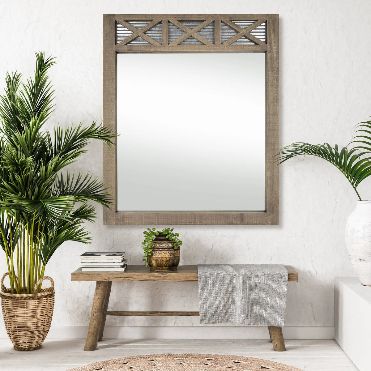 Rustic Farmhouse Mirror with Galvanized Metal – 28" x 34" J25746