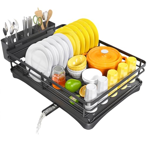 White Large Dish Rack with Drainboard and Utensil Holder M310