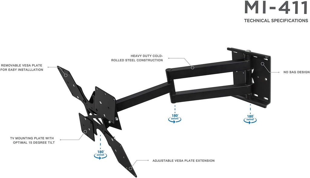 Black Full Motion TV Wall Mount for 32 to 55 Inch Screens, VESA 400x400mm, 100 Lb Capacity, Pack of 2 B92915